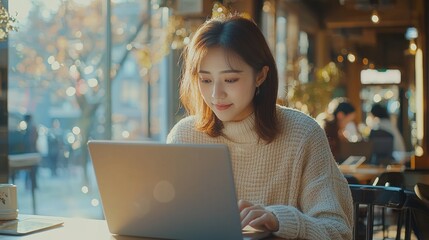 Serene Asian Woman Working on Laptop in Stylish Cafe Bathed in Soft Afternoon Light