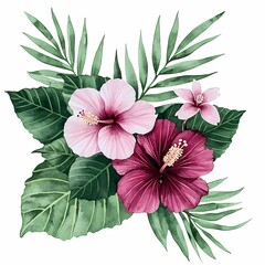 Obraz premium Tropical Watercolor Floral Arrangement with Hibiscus