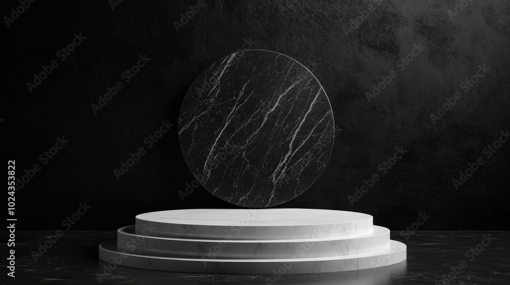 Poster 3D rendering of white pedestal steps on a black round marble background featuring a memorial board art deco geometric frame and an abstract minimal concept providing a blank space and clean design