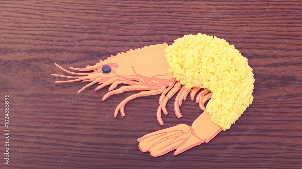 Poster breaded deep fried shrimp arrangement on a dark wooden table viewed from above with space for text