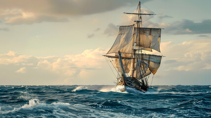 Timeless Maritime Scene of an Old Ship Under a Vibrant Sunset
