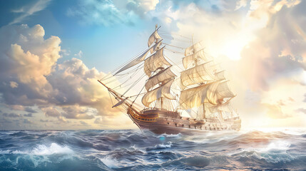 Obraz premium Majestic Old Ship Sailing Against a Beautiful Sunset 