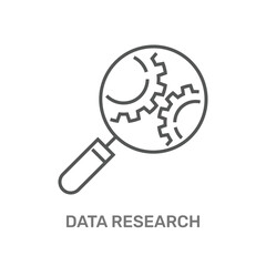 The image shows a magnifying glass over gears, symbolizing Data Research. It represents the process of analyzing and studying data to uncover insights and improve processes or systems.