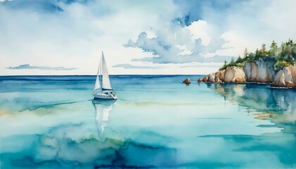 Obraz premium Calm watercolor painting of a sailboat gliding on crystal-clear waters near rocky cliffs