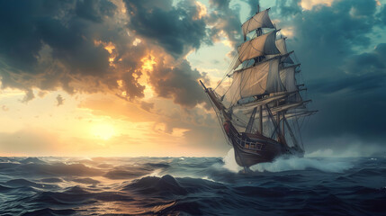Classic Sailing Ship on Calm Waters at Sunset

