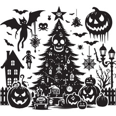 Halloween clip art set showcasing various spooky elements like witches, skeletons, and festive decorations