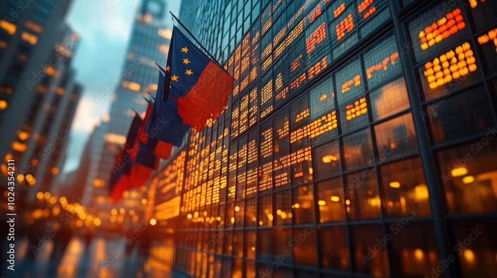 Poster A close-up of a building with multiple stock tickers displaying financial data, with flags waving in the wind.