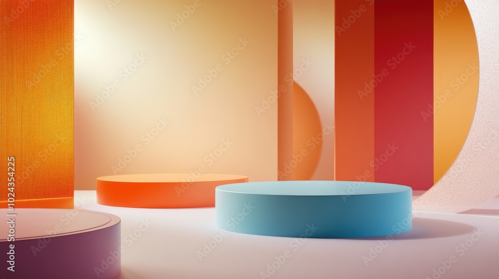 Aufkleber 3D rendered illustration featuring geometric shapes and holographic colored platforms for product display Abstract composition in a contemporary style with minimal design and negative space
