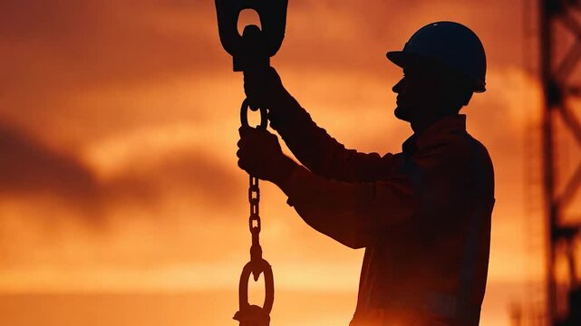 Silhouette of Construction Worker Operating Heavy Machinery at Sunset on a Construction Site
