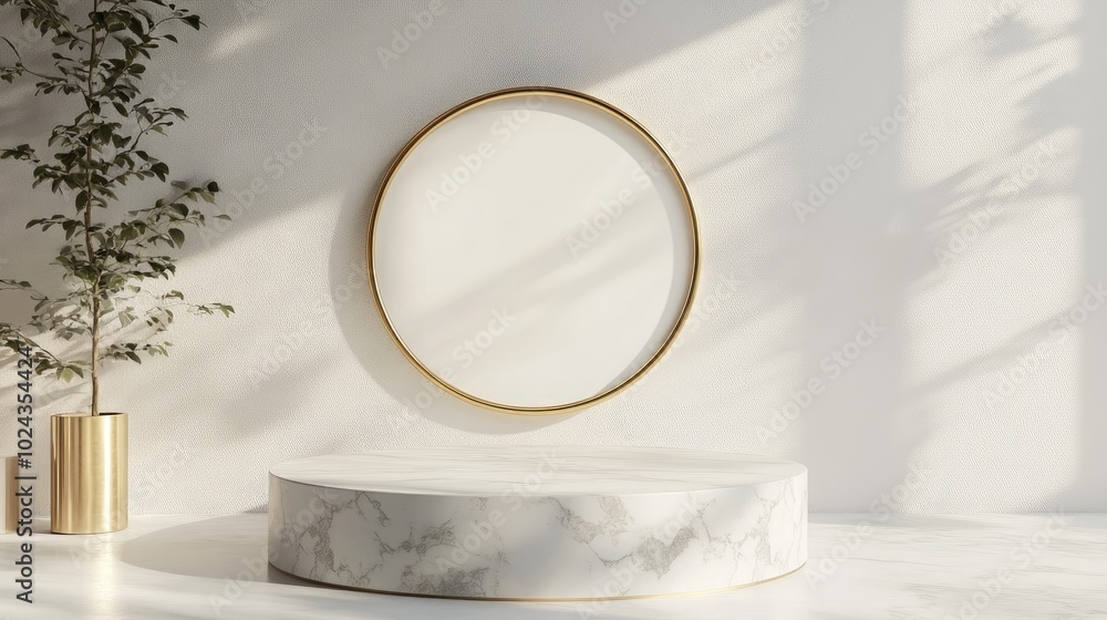Aufkleber 3D rendering of a white marble round pedestal set against a white background featuring a gold frame a memorial board cylindrical steps and an abstract minimal concept showcasing blank space and a