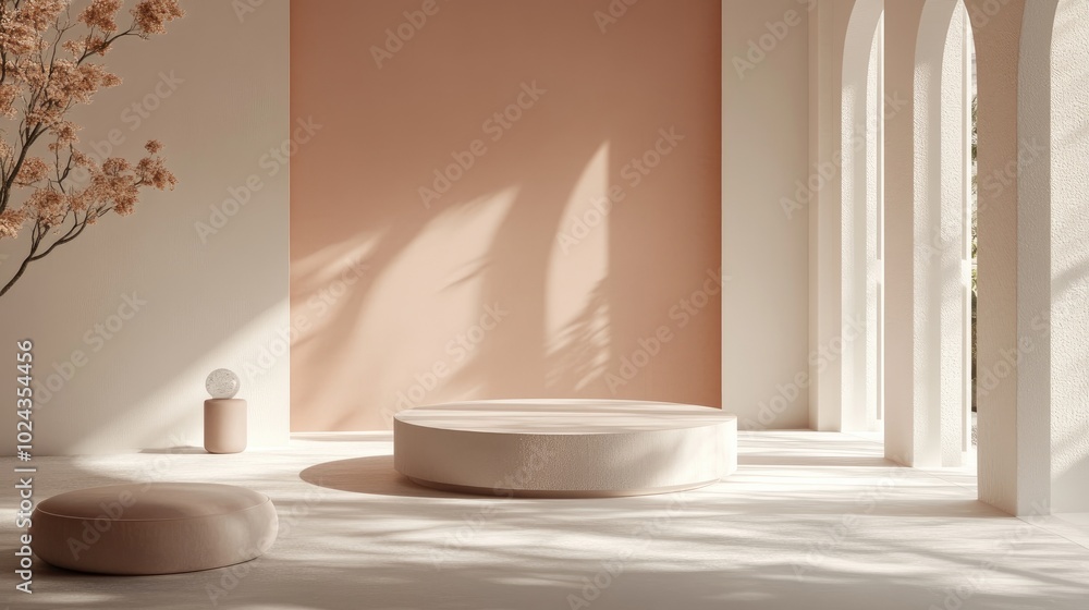 Aufkleber 3D Render of a soft colored podium in a minimalist studio setting featuring a round pedestal and ample copy space for product presentation