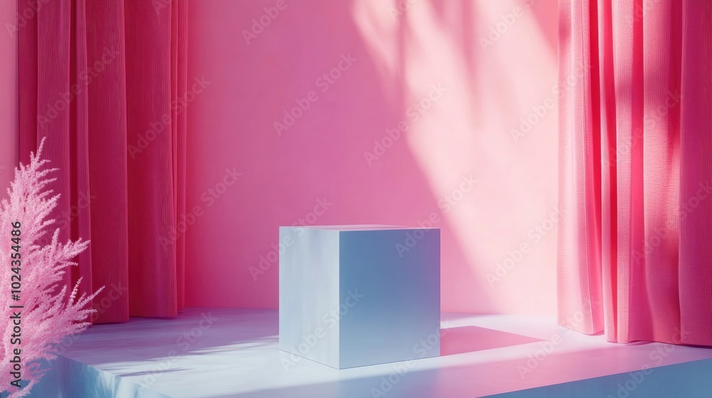 Poster 3d rendered illustration featuring a geometric blue cube podium for showcasing cosmetic products moc