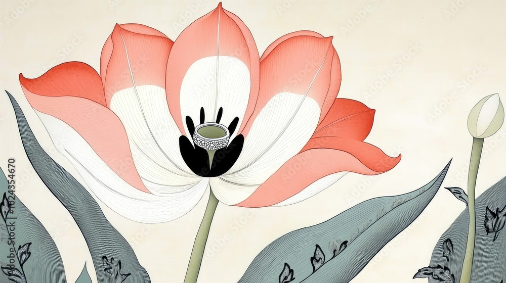 Poster close up of a tulip with a silver ring on a light background