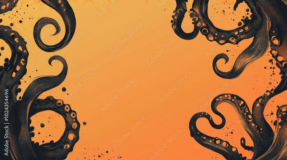 Poster Abstract doodle frame featuring monster tentacles set against a gradient orange background 2D cartoonish fantasy design with space for text Whimsical frame ideal for Halloween themes