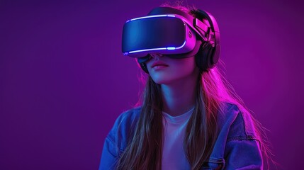 Teen Girl in Virtual Reality World - Modern Gaming Experience on Purple Background