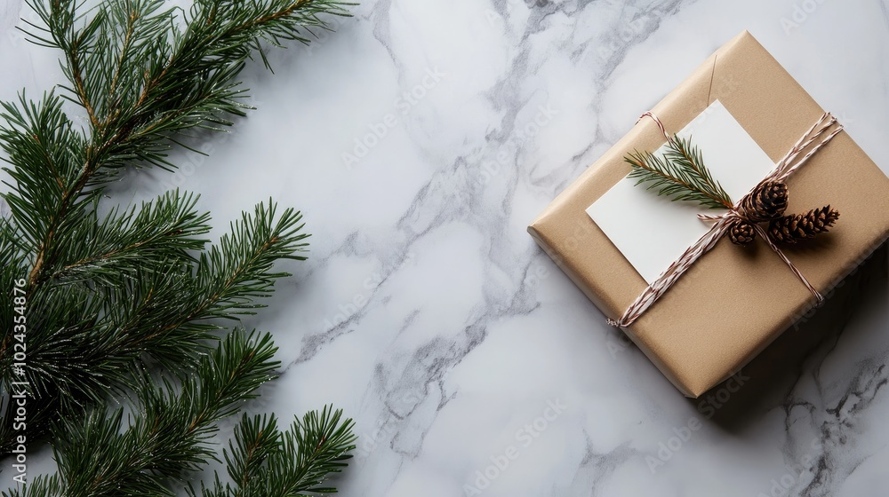 Poster Christmas gift box adorned with a note card and tree branch decoration on a marble surface Flat lay composition with ample copy space