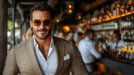 Obraz premium man in sunglasses looking at the viewer, in the background are people in a bar drinking whiskey and laughing