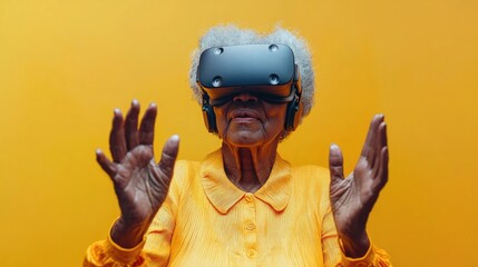 Futuristic Fun: Black Elderly Woman Embracing Virtual Reality Gaming Adventure on Pastel Yellow Background