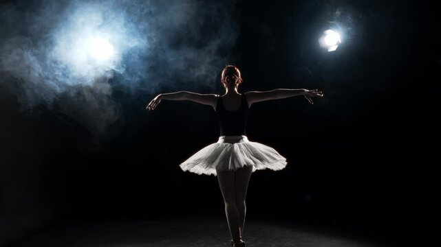 Classic art performance on stage, young talented ballerina dancing, back view. Mysterious silhouette in darkness, ballet dancer performing choreography in dance class, beauty and grace of female body