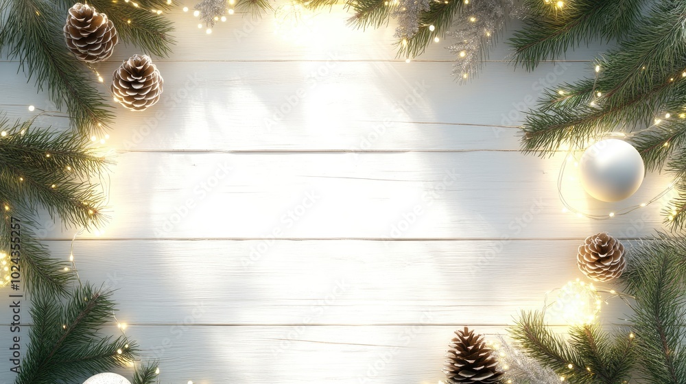 Poster christmas light balls fir tree branches and cones arranged on a white wooden surface viewed from abo