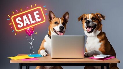 Two cute puppies raising paws in a Black Friday sale poster with copy space.