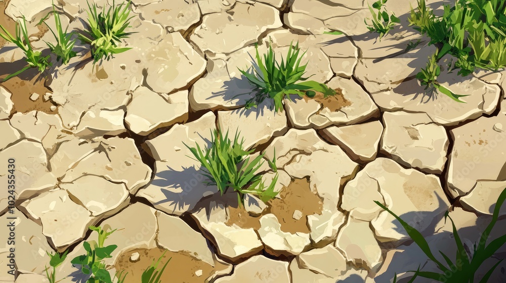 Poster 2d cartoon depiction of parched ground with visible cracks resulting from an extended dry period