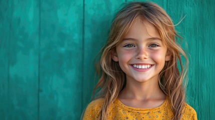 Fototapeta premium Radiant Young Caucasian Girl Smiling Against Vibrant Green Background