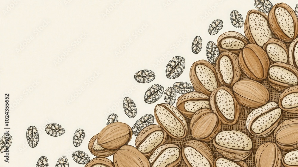 Poster assortment of large walnuts on burlap background