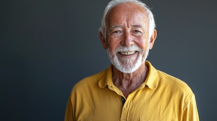 Obraz premium Joyful Caucasian Senior Man with Radiant Smile Against Gray Background