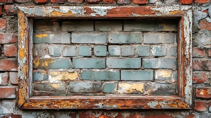 Naklejka premium Weathered Wooden Frame Embedded in Brick Wall