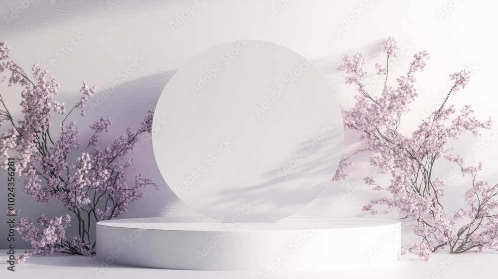 Poster 3D render of an abstract podium platform for product showcasing and marketing Minimalistic backdrop with a sleek design Unoccupied pedestal for mock up purposes Blank stage featuring pastel tones