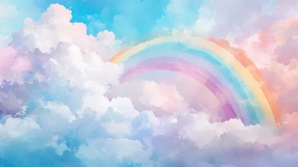 Wanddecoratie Regenboog Colorful pastel rainbow and cloud painting for children s wallpaper ideal for nursery decor and trendy illustrations in kids rooms Fluffy whimsical design perfect for murals and postcards  © Kultivad