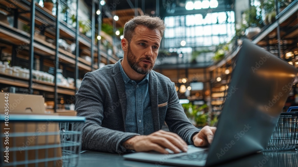 Poster man in a suit is sitting at a desk with a computer monitor in front of him. he is wearing a tie and 