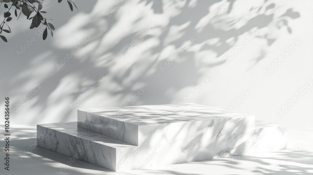 Poster 3D abstract interior featuring a realistic white marble square pedestal with leaf shadow overlay Minimalist design setup for product display presentation Geometric platform 3D rendering