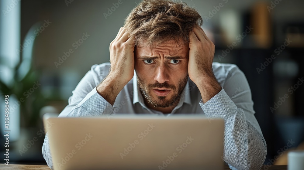 Poster man in a suit is sitting at a desk with a computer monitor in front of him. he is wearing a tie and 