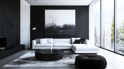 Sleek Modern Living Room with Black and White Minimalist Design and Abstract Art on Wall