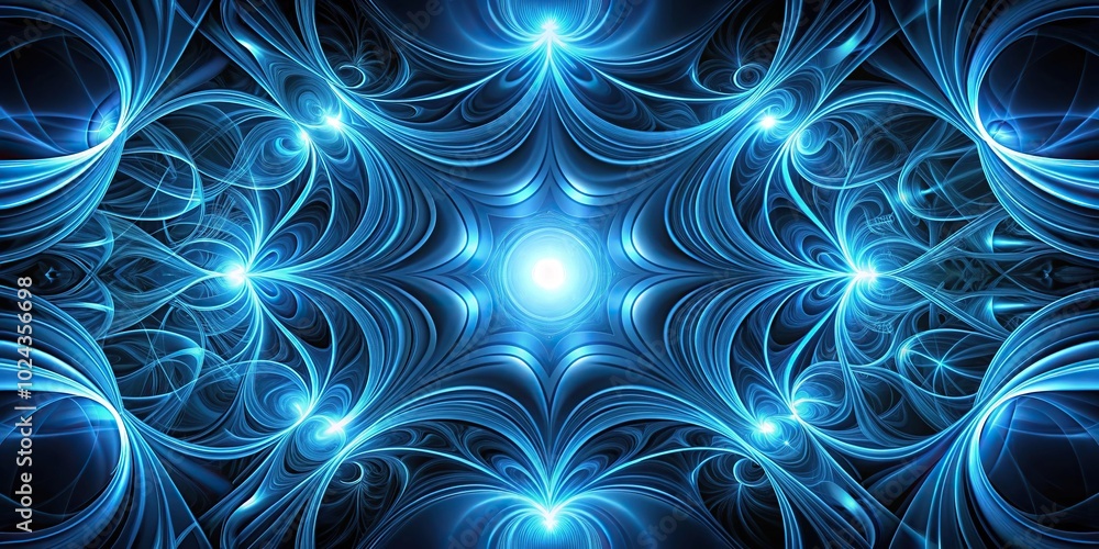 Wall mural symmetrical abstract swirling background in shades of blue and black with glowing light patterns
