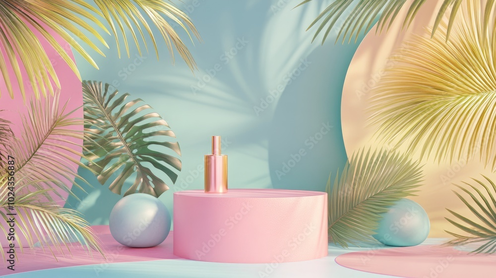 Aufkleber 3D render of a podium display in boho style featuring abstract shapes and palm leaves Minimal pastel background for showcasing cosmetics and products