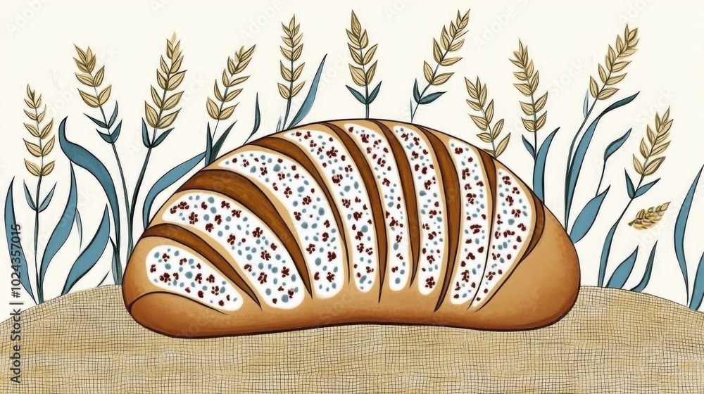 Poster Bread on Burlap Background with Wheat Elements