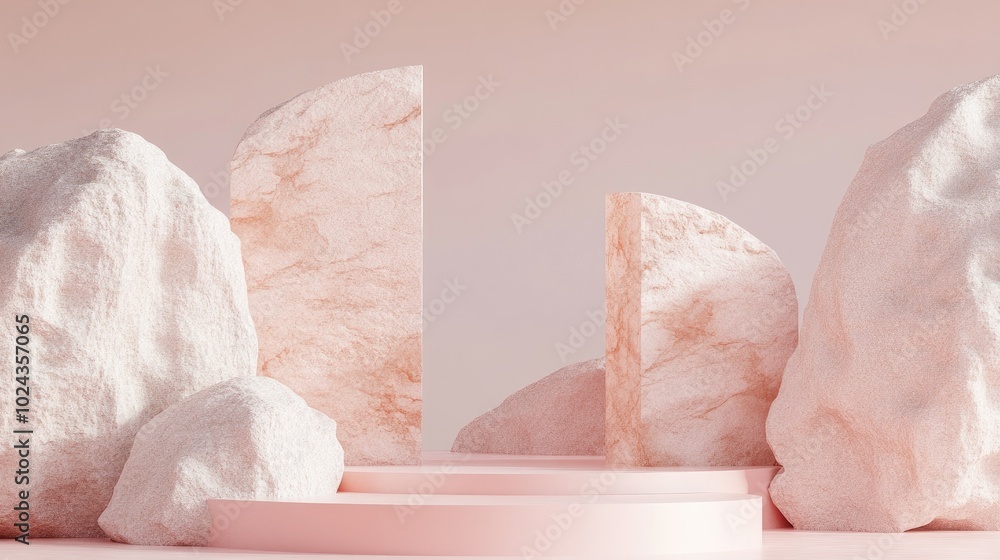 Poster Abstract pastel pink geometric background featuring stone and rock shapes ideal for podium display or showcase 3D rendering