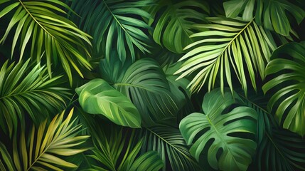 Artwork featuring tropical palm leaves suitable for murals and wallpaper intended for interior printing