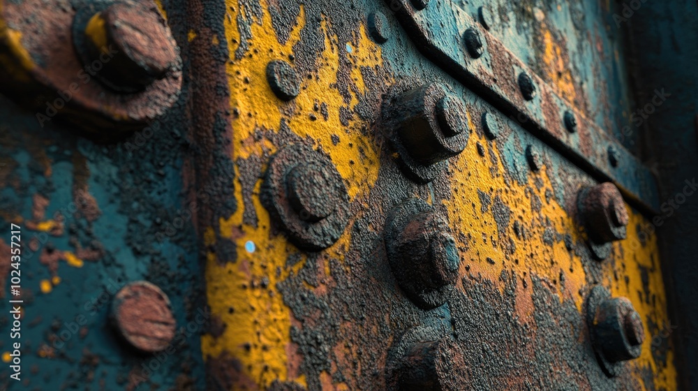 Poster close up image of an aged abandoned machine featuring a colorful moss covered metal surface and rust