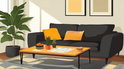 Fototapeta premium Cozy Living Room with Houseplant and Modern Decor