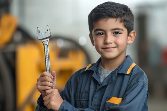 Smiling young boy holding wrench, dressed as mechanic
