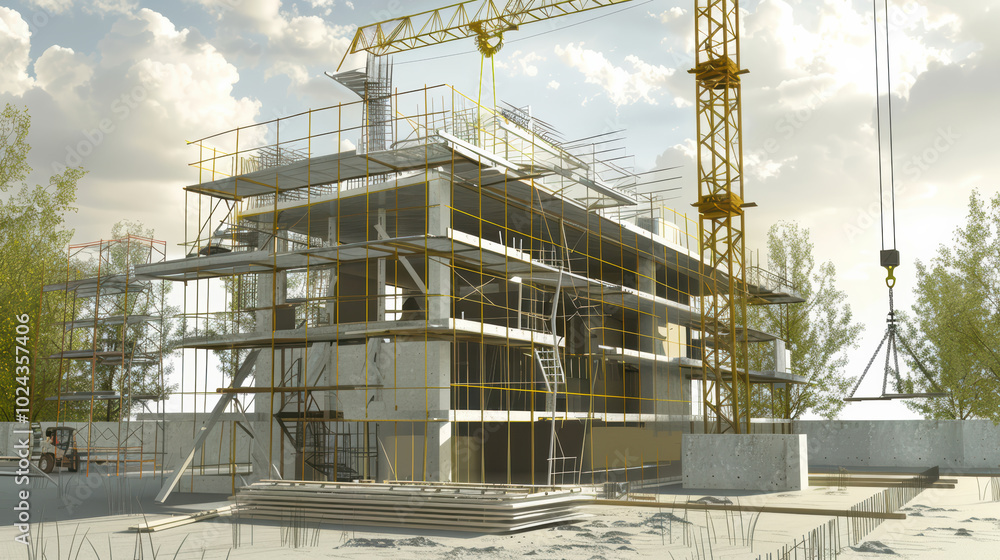 Poster modern construction site featuring multi story building under development, showcasing scaffolding, c