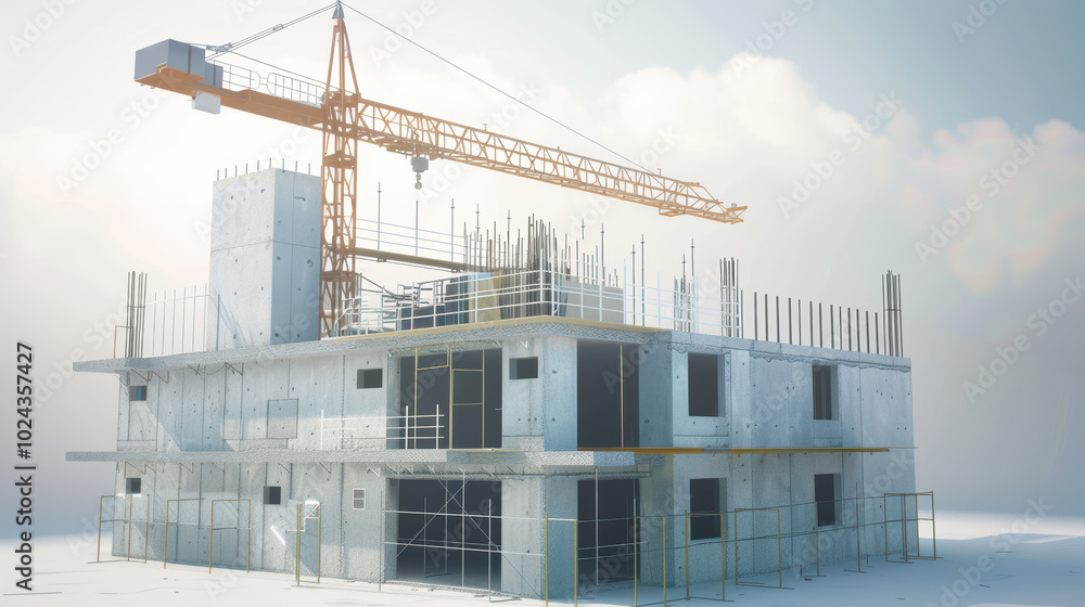 Poster modern construction site featuring concrete building under development, with scaffolding and large c