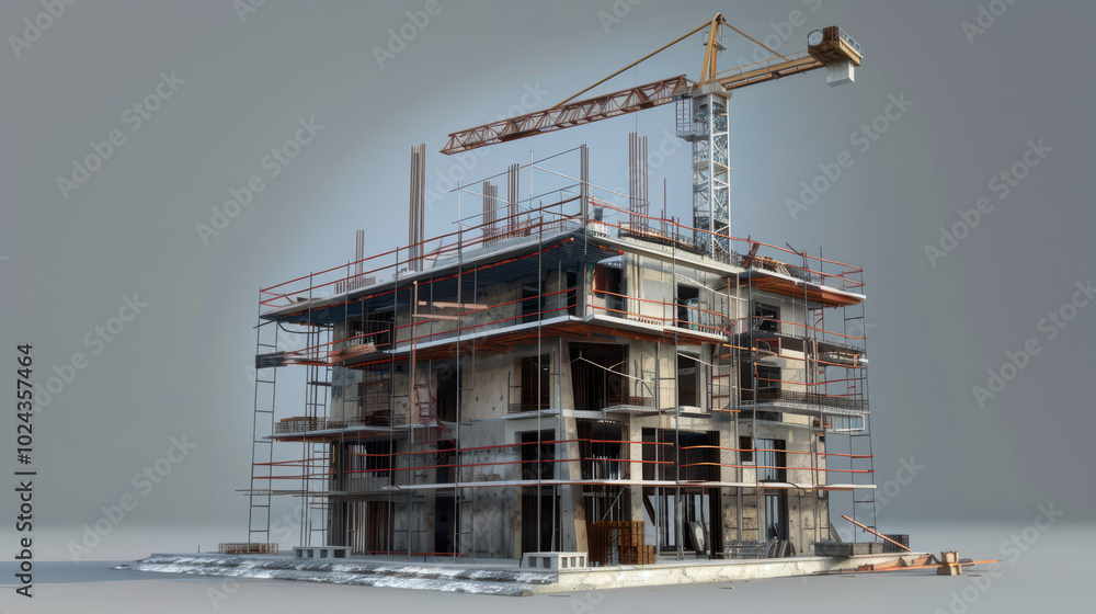 Poster modern construction site featuring multi story building under development, surrounded by scaffolding