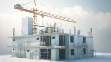 modern construction site featuring concrete building under development, with scaffolding and large crane. scene captures essence of industrial progress and architectural design