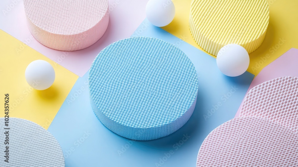 Poster collection of 3d circle pedestals in yellow blue pink and white viewed from above featuring a dynami
