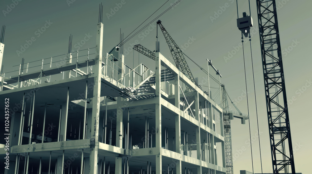 Aufkleber construction site showcasing partially built structure with cranes and scaffolding, highlighting ind